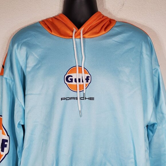 Gulf Porsche 2XL Pull Over Hoodie Sweatshirt Kangaroo Pouch Light Blue & Orange - Picture 10 of 11